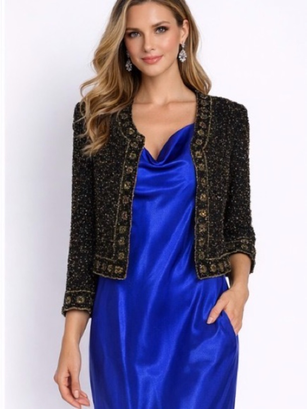 Papell Boutique Black Tweed Cropped Jacket with Gold Trim